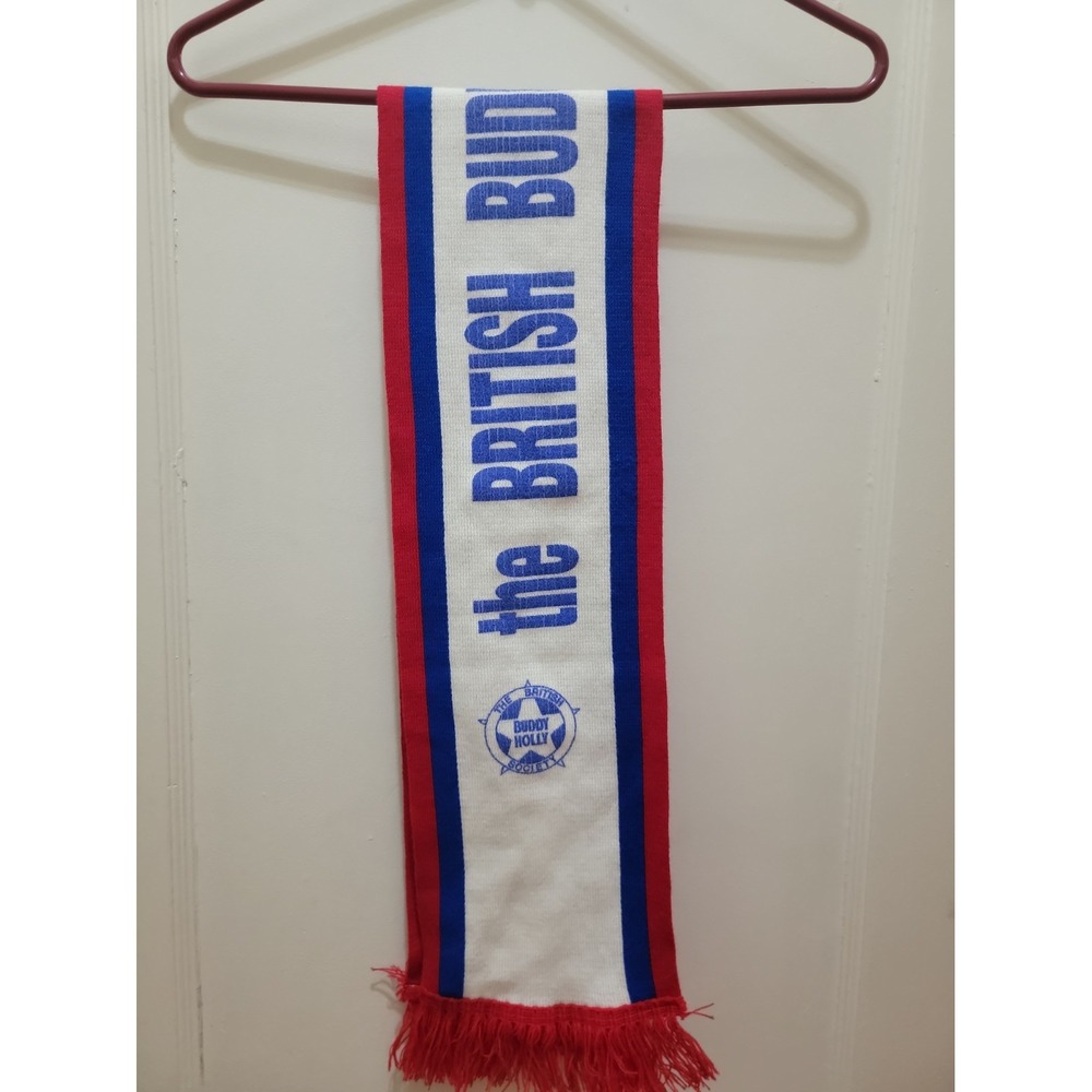 Vintage The British Buddy Holly Society Fan Club Knit Scarf Red Blue Rock & Roll